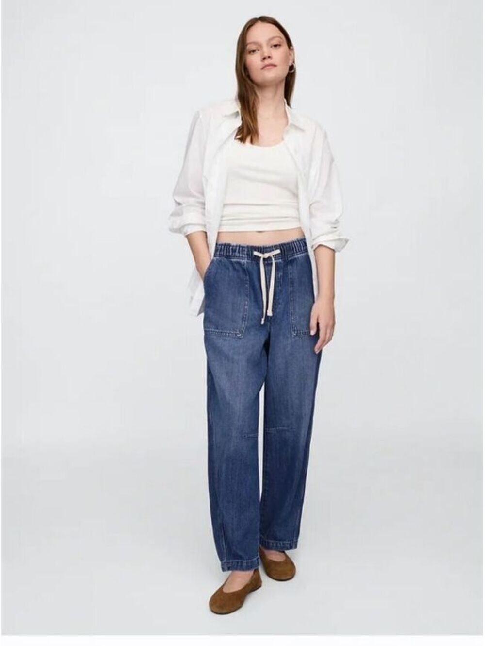 Gap Mid Rise SuperSoft Pull-On Barrel Jeans medium dark wash XL